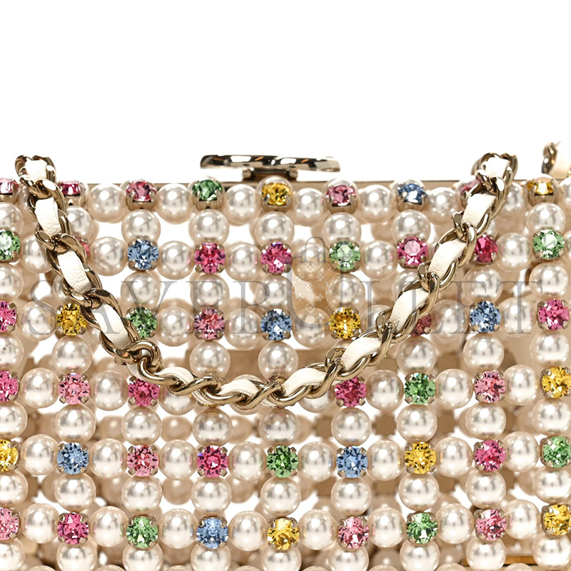Ch**el MASTER METAL PEARL MINAUDIERE CC EVENING BAG WHITE GOLD MULTICOLOR (17*10*6cm)